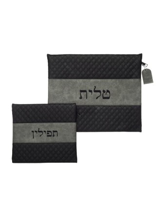 טל רקום דמוי עור שחור ואפור... | תיקי טלית ותפילין